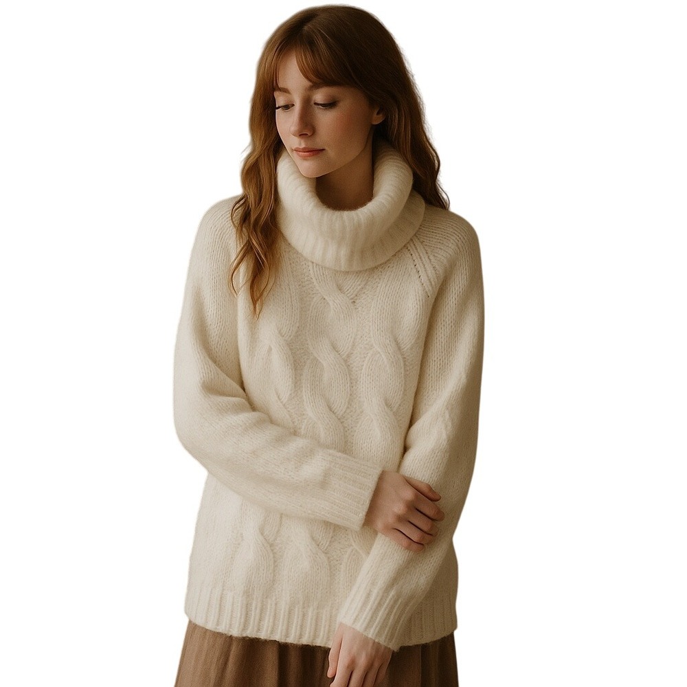 WOODEN SHIPS Mohair Wool Blend Cream Cowl Neck‎ Cable Knit Sweater S/M